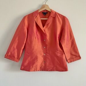 Vtg 90’s Ann Taylor Size6 Orange Iridescent 100% Silk Button Down Collared Retro